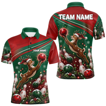 Maxcorners Christmas Deer Bowling Shirts For Men Custom Christmas Bowling Team Jerseys, Xmas Bowler Gift