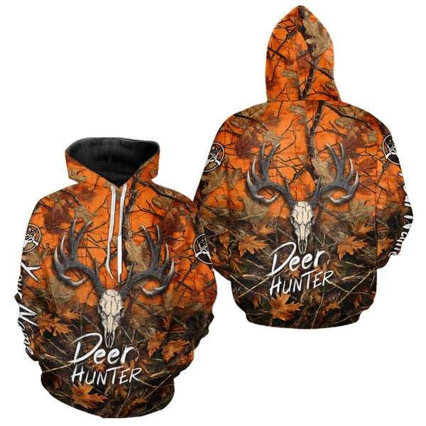 Maxcorners Deer Hunting Orange Camo Deer Skull Full Printing Custom Name Shirts, Custom Deer Hunting Shirt LM2509