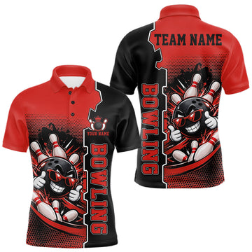 Maxcorners Custom Funny Red Bowling Men Polo Quarter Zip Shirt Cartoon Bowling Ball And Pins, Bowler Outfit