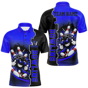 Maxcorners Custom Funny Blue Bowling Men Polo Quarter Zip Shirt Cartoon Bowling Ball And Pins, Bowler Outfit