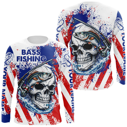 Maxcorners Custom American Flag Fishing Shirts Largemouth Bass Fishing Long Sleeve, Bass Fishing Shirts For Men LM2901