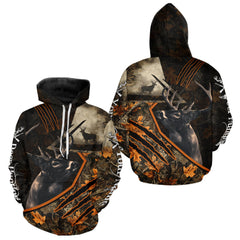 Maxcorners Whitetail Deer Hunting Clothes Custom Name Hoodie Autumn Leaves Camo Hunting Long Sleeve Shirt