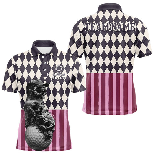 Maxcorners Mens Golf Polo Shirts Custom Black Pink Argyle Pattern Golf Skull Golf Tops For Men, Golf Gifts LM2806