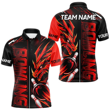 Maxcorners Custom Black And Red Dragon Bowling Polo & 1/4 Zip Shirts For Men, Dragon Bowling Team Shirts LM2709