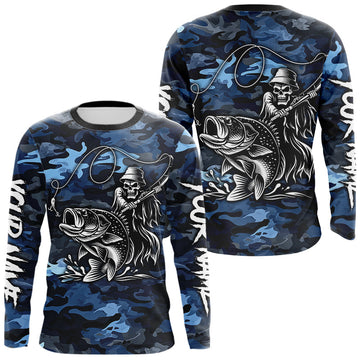 Maxcorners Reaper Fishing Largemouth Bass Long Sleeve Fishing Shirts Blue Camo, Camo Fishing Shirt LM2901