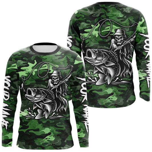 Maxcorners Reaper Fishing Largemouth Bass Long Sleeve Fishing Shirts Green Camo, Camo Fishing Shirt LM2901