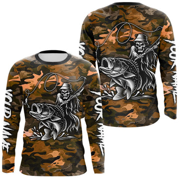 Maxcorners Reaper Fishing Largemouth Bass Long Sleeve Fishing Shirts Orange Camo, Camo Fishing Shirt LM2901