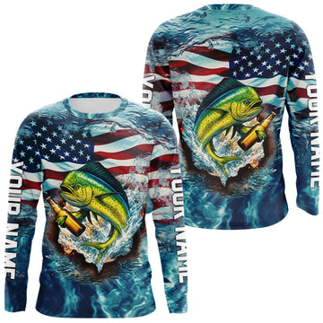 Maxcorners American Flag Mahi Mahi (Dorado) Fishing Custom Name Blue Water Camo Long Sleeve Fishing Shirt LM1005