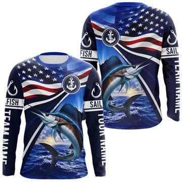Maxcorners American Flag Sailfish Fishing Long Sleeve Saltwater Fishing Shirts, Custom Sailfish Fishing Jerseys LM0609