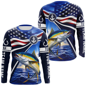 Maxcorners American Flag Yellowfin Tuna Fishing Long Sleeve Saltwater Fishing Shirts, Custom Tuna Fishing Jerseys LM0609