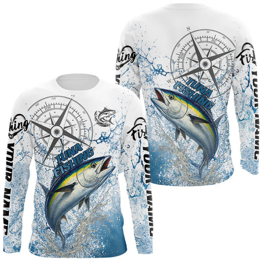 Maxcorners Custom Yellowfin Tuna Long Sleeve Fishing Shirts Saltwater Fish, Compass Offshore Tournament Fishing Shirts LM0404