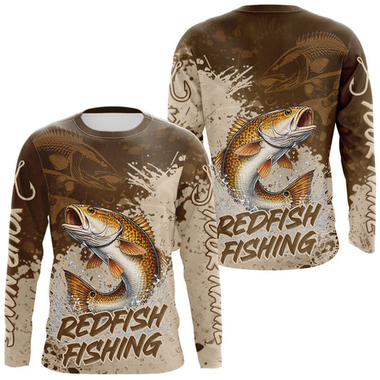 Maxcorners Personalized Redfish Fishing Shirts Long Sleeve Brown Camo, Redfish Fishing Shirts For Men LM0402