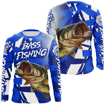Maxcorners Blue Camo Largemouth Bass Fishing Shirts Long Sleeve, Bass Fishing Shirts For Men LM0503