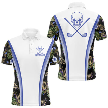 Maxcorners Custom Mens Golf Polo Shirts Funny Tropical Leaf Cross Skull Golf Clubs White Golf Shirt|Blue LM1005