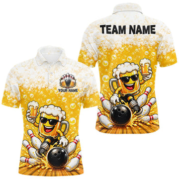Maxcorners Custom Yellow Funny Bowling And Beer Jerseys, Bowling Team Men Polo Shirts Bowling League LM0510