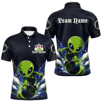 Maxcorners Funny Blue Alien Bowling Polo & 1/4 Zip Shirt For Men Custom Bowling Team Outfit, Gift For Bowler LM1508