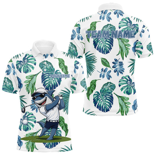Maxcorners Funny Mens Golf Polo Shirt Tropical Pattern Custom Name Shark Playing Golf Shirt Funny Golf Apparel LM1005