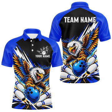 Maxcorners Custom Blue Eagle Bowling Team Shirts For Men, Polo 1/4 Zip Eagle Bowling League Shirt Bowler Outfit