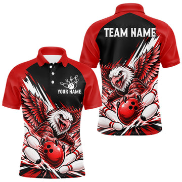 Maxcorners Custom Red Eagle Bowling Team Shirts For Men, Polo 1/4 Zip Eagle Bowling League Shirt Bowler Outfit