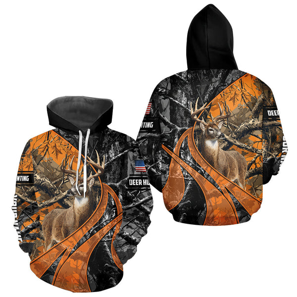 Maxcorners Whitetail Deer Hunting Orange and Black Camo Shirts with US Flag, Personalized Hunting Shirt LM2608