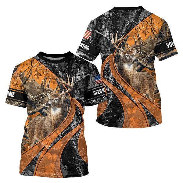 Maxcorners Whitetail Deer Hunting Orange and Black Camo Shirts with US Flag, Personalized Hunting Shirt LM2608