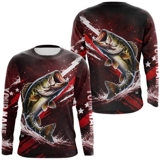 Maxcorners American Flag Fishing Shirt, Bass Fishing Shirts Long Sleeve, Bass Fishing Tournament Shirts|Red LM0503