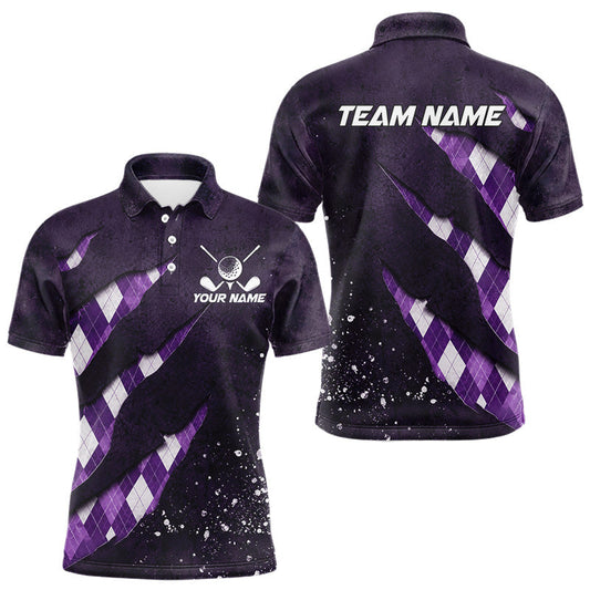 Maxcorners Purple Argyle Plaid Pattern Mens Golf Polo Shirts Custom Golf Attire For Men, Golf Team Shirt