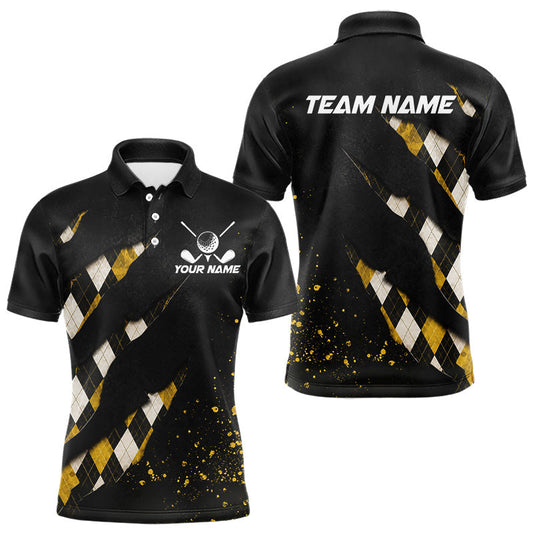 Maxcorners Black And Yellow Argyle Plaid Pattern Mens Golf Polo Shirts Custom Golf Attire For Men, Golf Team Shirt LM0106
