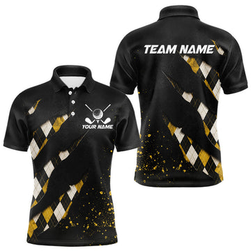 Maxcorners Black And Yellow Argyle Plaid Pattern Mens Golf Polo Shirts Custom Golf Attire For Men, Golf Team Shirt