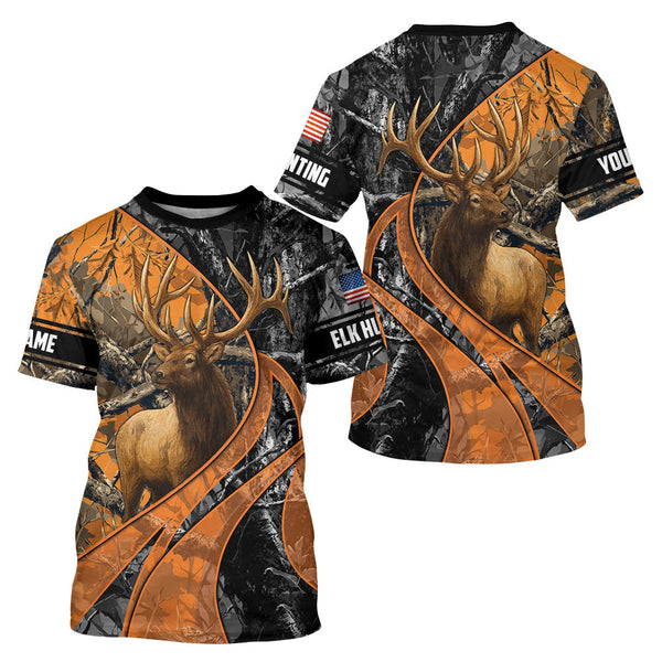 Maxcorners Elk Hunting Orange and Black Camo Shirts with US Flag, Personalized Hunting Shirt LM0409