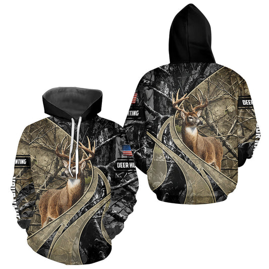 Maxcorners Whitetail Deer Hunting Brown and Black Camo Shirts with US Flag, Personalized Hunting Shirt LM0409