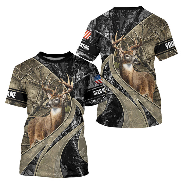 Maxcorners Whitetail Deer Hunting Brown and Black Camo Shirts with US Flag, Personalized Hunting Shirt LM0409