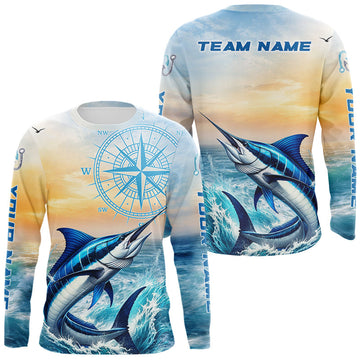 Maxcorners Blue Marlin Fishing Sunset Custom Fishing Long Sleeve Shirt, Marlin Compass Offshore Fishing Apparel LM1104