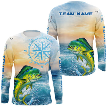 Maxcorners Mahi Mahi Fishing Sunset Custom Fishing Long Sleeve Shirt, Mahi Mahi Compass Offshore Fishing Apparel LM1104