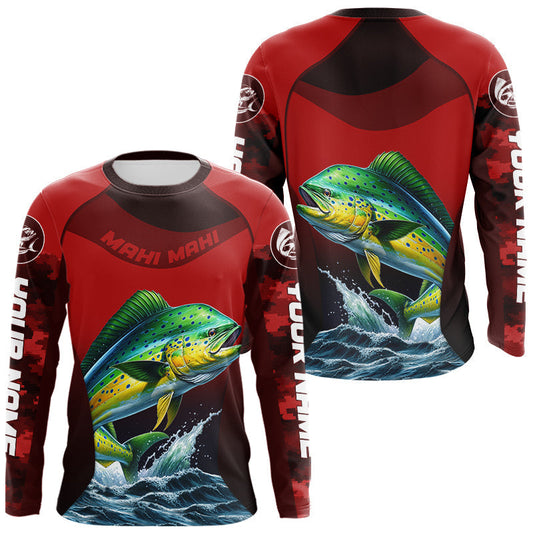 Maxcorners Custom Mahi Mahi Fishing Shirts For Team, Custom Saltwater Fishing Shirts|Red LM1203