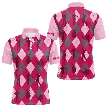 Maxcorners Pink Argyle Mens Golf Polo Shirts, Golf Shirts Custom Team Golf Polo For Men Team Golf Tops