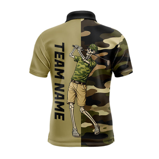 Maxcorners Funny Skull Golf Polo Shirts Green Camo Pattern Custom Name Skull Playing Golf Apparel LM1904