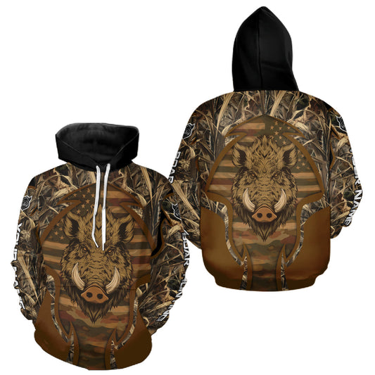 Maxcorners Personalized Wild Boar Hunting Brown Camo US Flag Printed Shirts, Hunting Gifts LM2110