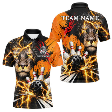 Maxcorners Custom Black And Orange Lion Bowling Polo Quarter Zip Shirts For Men, Lion Team Bowling Jerseys