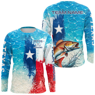 Maxcorners Texas Redfish Fishing Texas Flag, Blue Sea Wave Ocean Camo Long Sleeve Redfish Fishing Shirt LM2806