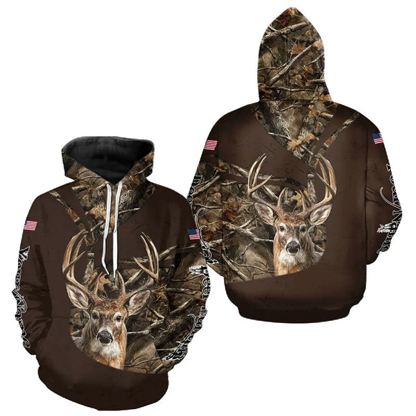 Maxcorners Deer Hunting Big Game Brown Camo US Flag Custom Name 3D All Over Print Shirts, Hunting Gifts LM0611