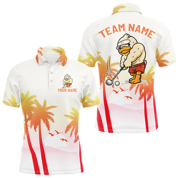 Maxcorners Funny Duck Golf Polo Shirt For Men, Tropical Sunset Print, Sporty Animal Golf Gift