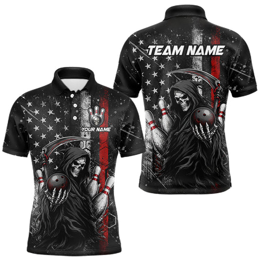 Maxcorners American Flag Custom Grim Reaper Bowling Quarter Zip Shirts For Men, Halloween Skull Bowling Shirt
