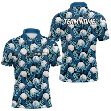 Maxcorners Custom Black Blue Tropical Golf Ball Pattern Mens Polo Golf Shirts, Golf Gifts For Team