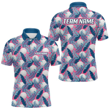 Maxcorners Custom Pink Blue Tropical Golf Ball Pattern Mens Polo Golf Shirts, Golf Gifts For Team