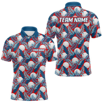 Maxcorners Custom Red Blue Tropical Golf Ball Pattern Mens Polo Golf Shirts, Golf Gifts For Team