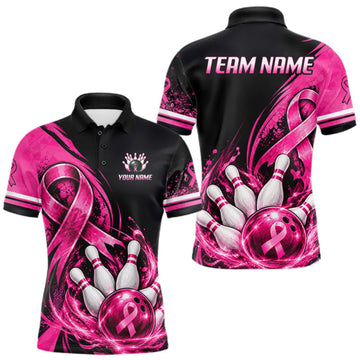 Maxcorners Custom Breast Cancer Pink Ribbon Bowling Shirts For Men Polo Quarter Zip Shirt, Team Bowler Outfit LM1910