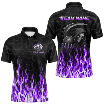 Maxcorners Custom Purple Fire Flame Grim Reaper Skull Bowling Menpolo & 1/4 Quarter Zip Shirt, Halloween Outfit LM1307