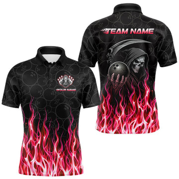 Maxcorners Custom Red Fire Flame Grim Reaper Skull Bowling Menpolo & 1/4 Quarter Zip Shirt, Halloween Outfit LM1307