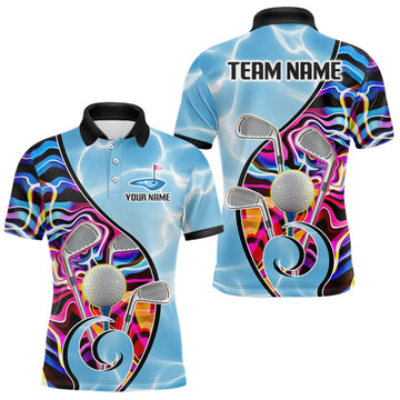 Maxcorners Mens Golf Polo Shirt Holographic Marble Golf Pattern For Team, Golf Attire For Men | Blue LM1705